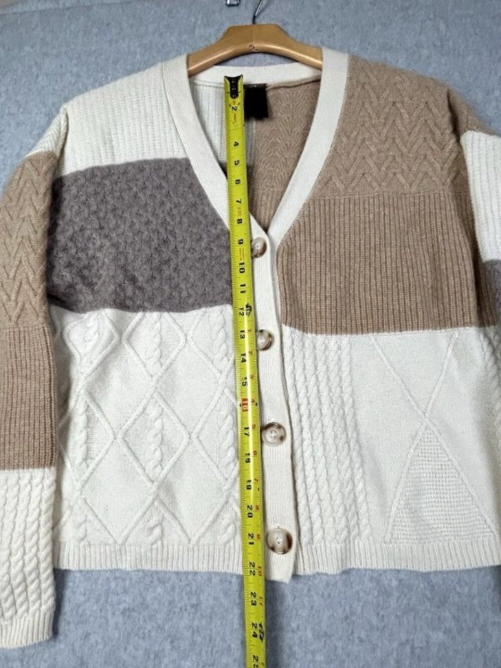 Magaschoni Womens Cashmere Cream Brown Colorblock Knit Cardigan L Boxy Cozy Luxe - Picture 10 of 11